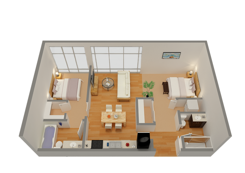 Floor plan for 2 beds, 2 baths, 943 sqft